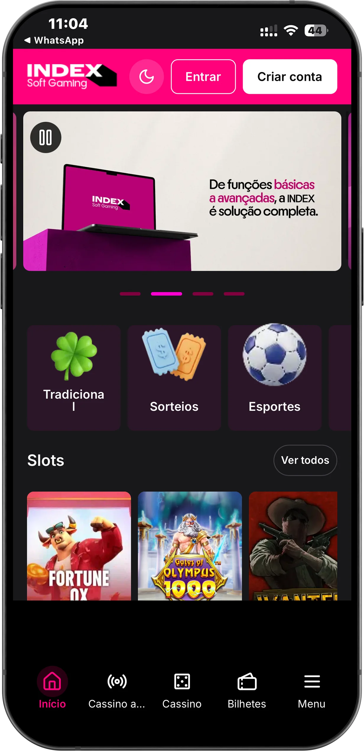 Plataforma de Apostas e Cassino Index Soft para Mobile